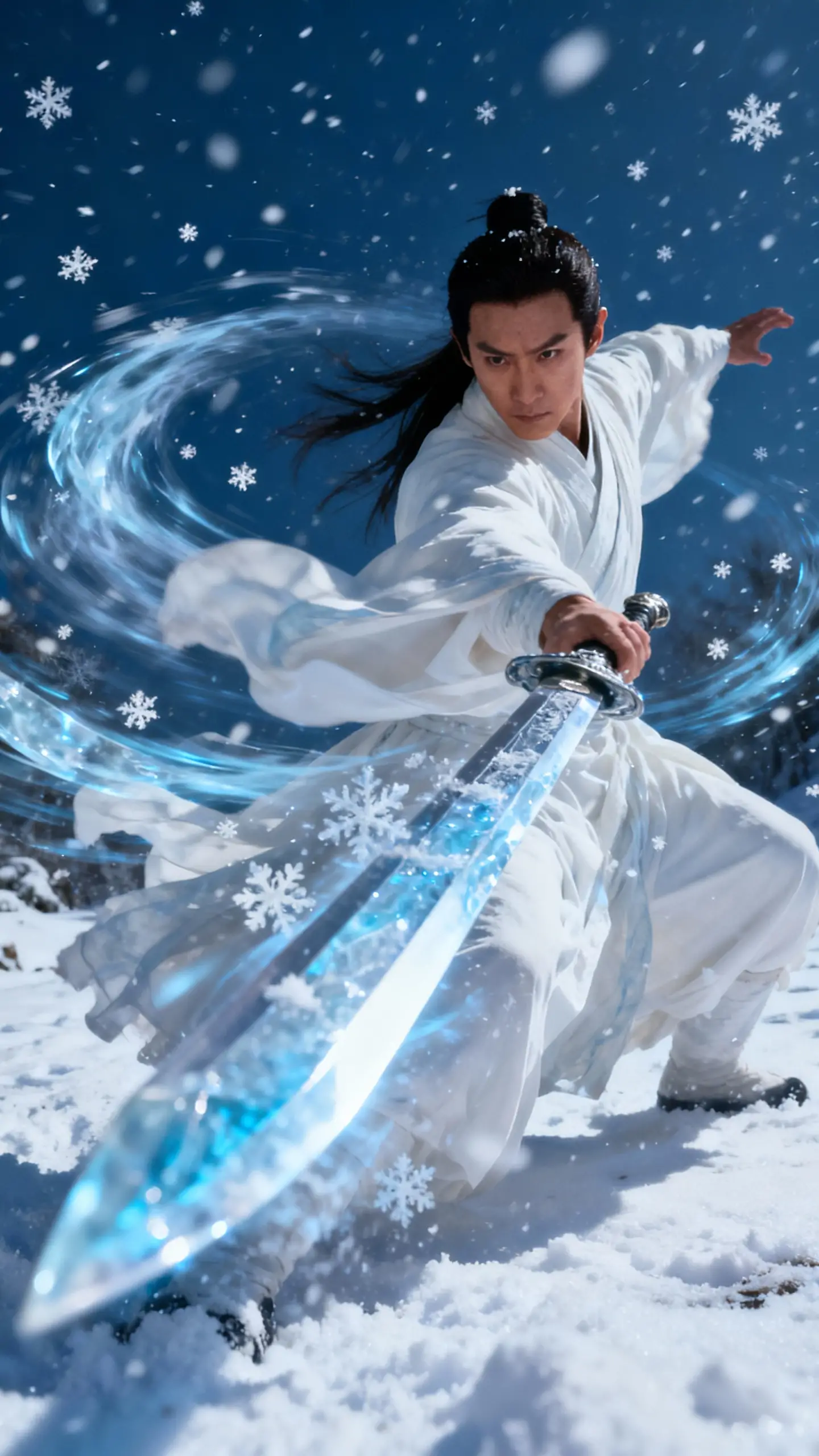 Guerriera fantasy che scatena attacchi con lame di neve che si sciolgono