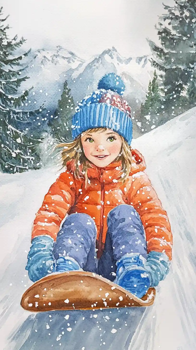 Süßes Mädchen fährt mit dem Schlitten einen verschneiten Berg hinunter – Aquarell