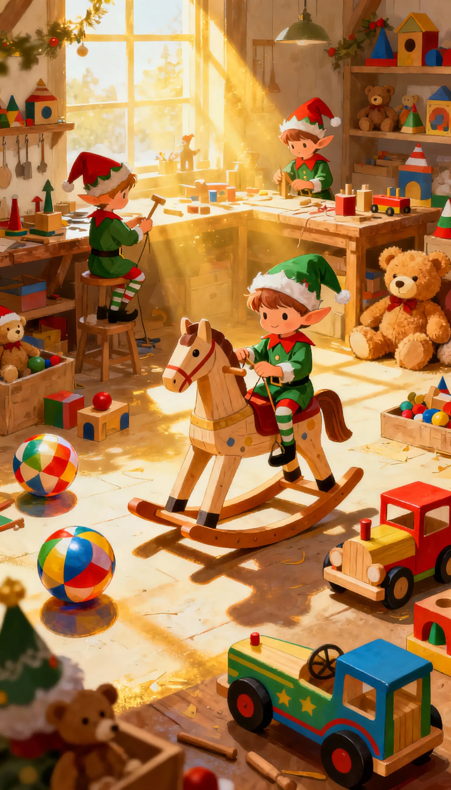 Weihnachtselfen, die in einer hellen, gemütlichen Werkstatt Spielzeug basteln