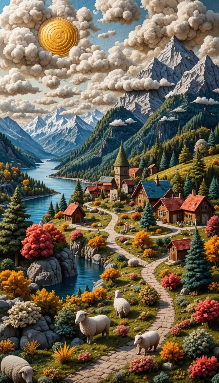 Paesaggio di Villaggio Svizzero di Montagna Ricamato in Lana Colorata