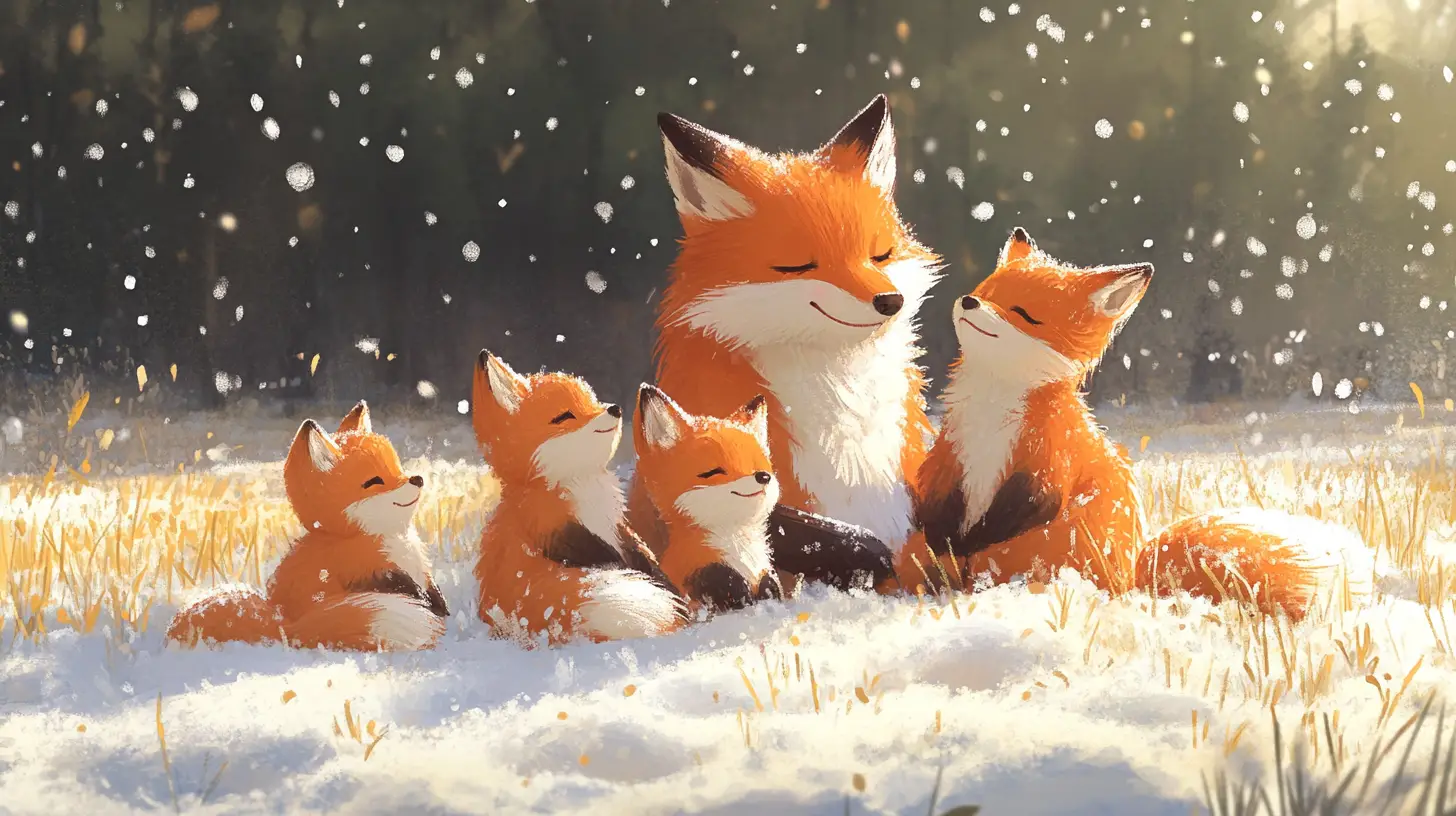 狐狸家族在白雪覆蓋的冬日原野上一起玩耍