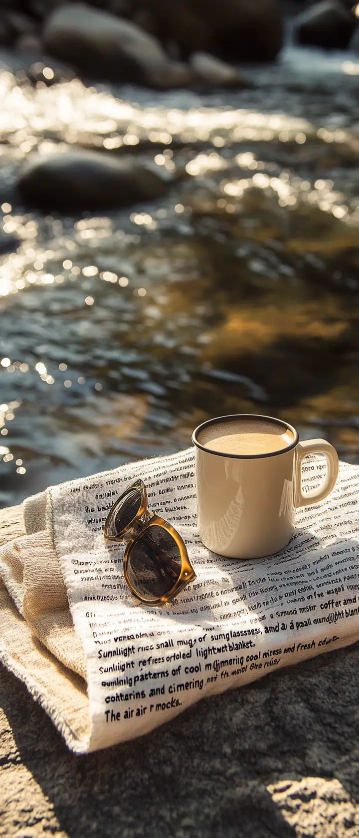 Tazza di caffè accogliente su sperone roccioso accanto a un fiume tranquillo
