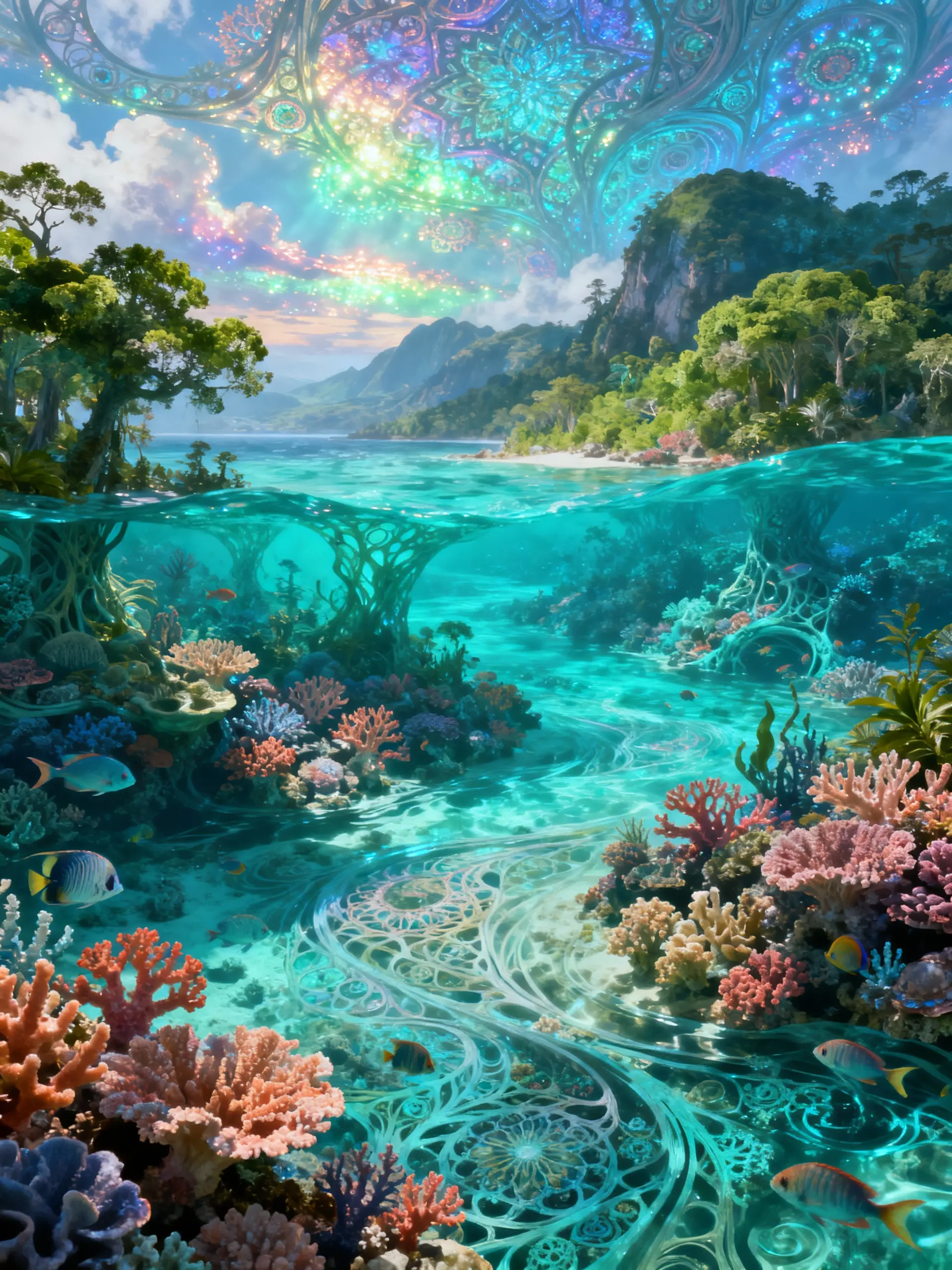 Ätherische Fantasy-Landschaft aus Wasserwäldern und Riffen