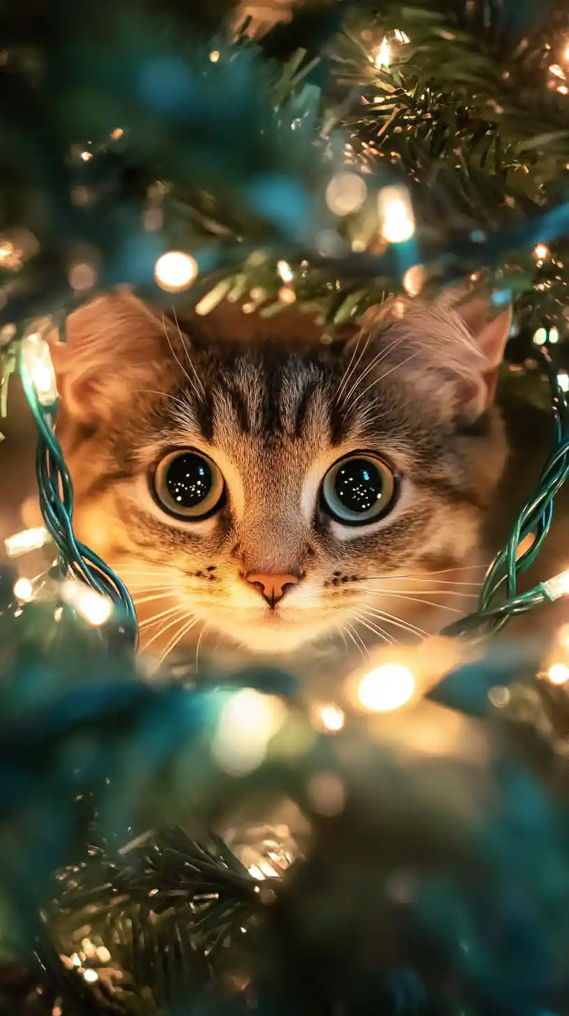 Neugierige Katze spielt drinnen mit Lichtern am Weihnachtsbaum