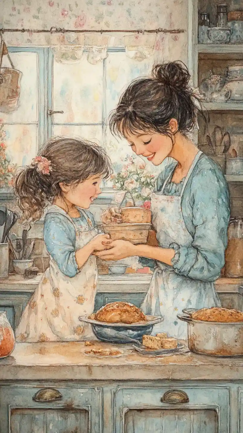 Illustration d’une mère heureuse faisant de la pâtisserie avec sa fille dans une cuisine chaleureuse