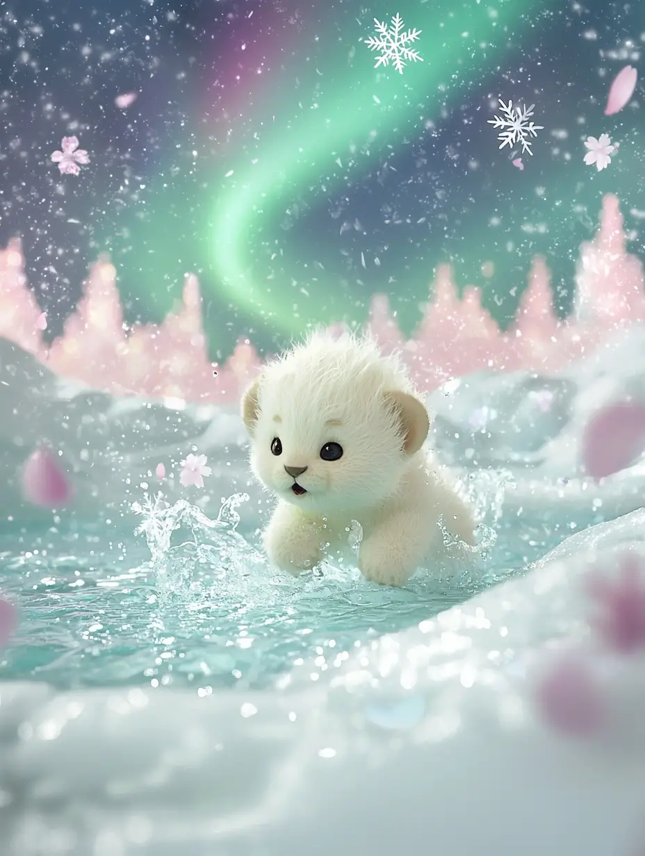 Winziger weißer Löwenbabys spielt in einem magischen Winterpool