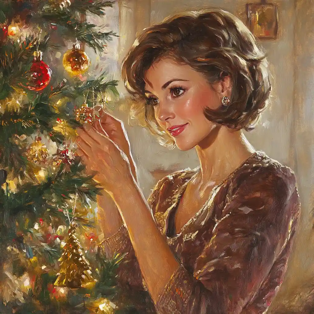 Mujer madura decorando un árbol de Navidad iluminado en casa
