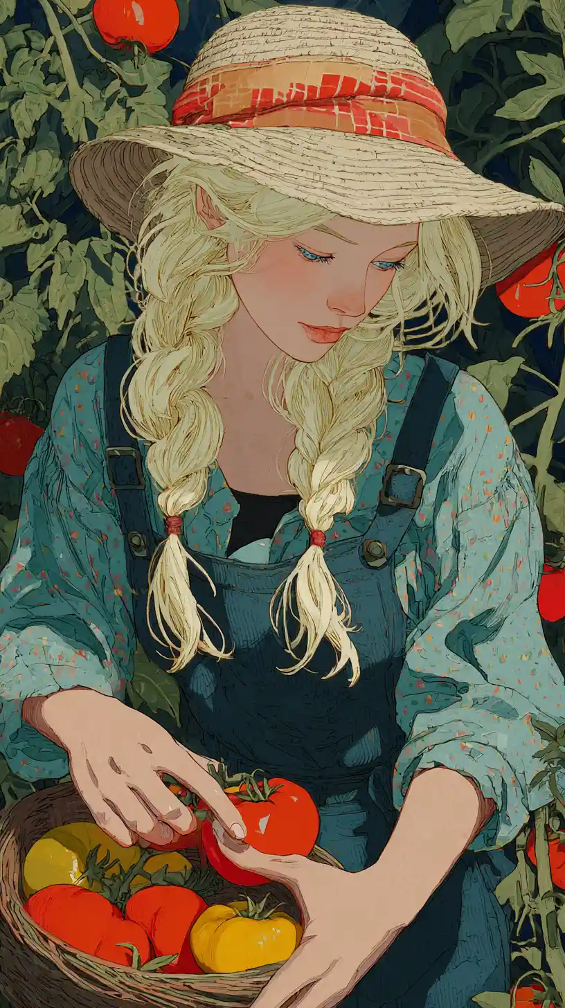 Jolie fille blonde récoltant des tomates dans un jardin ensoleillé