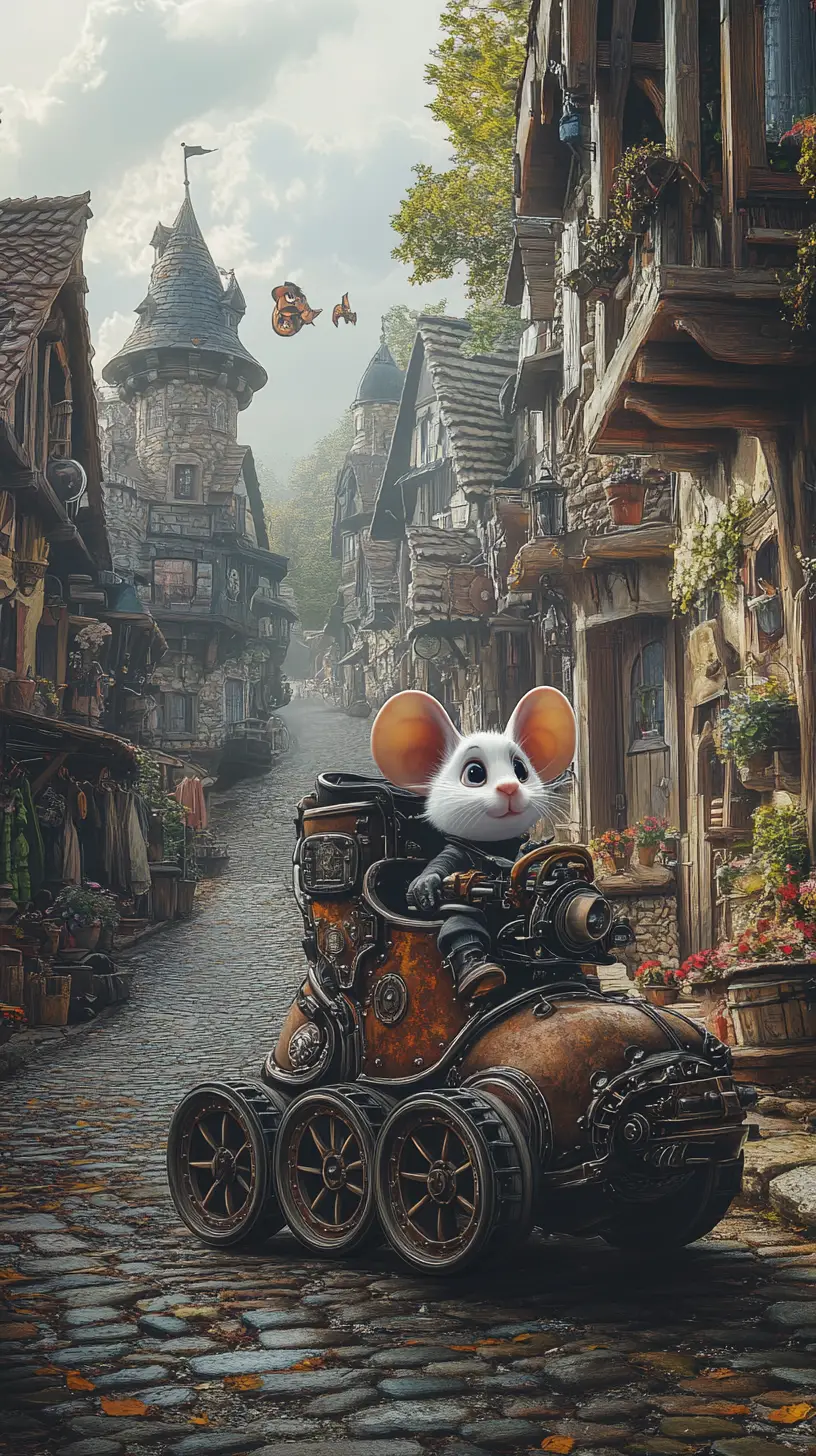 Steampunk mouse driving a boot car through village street