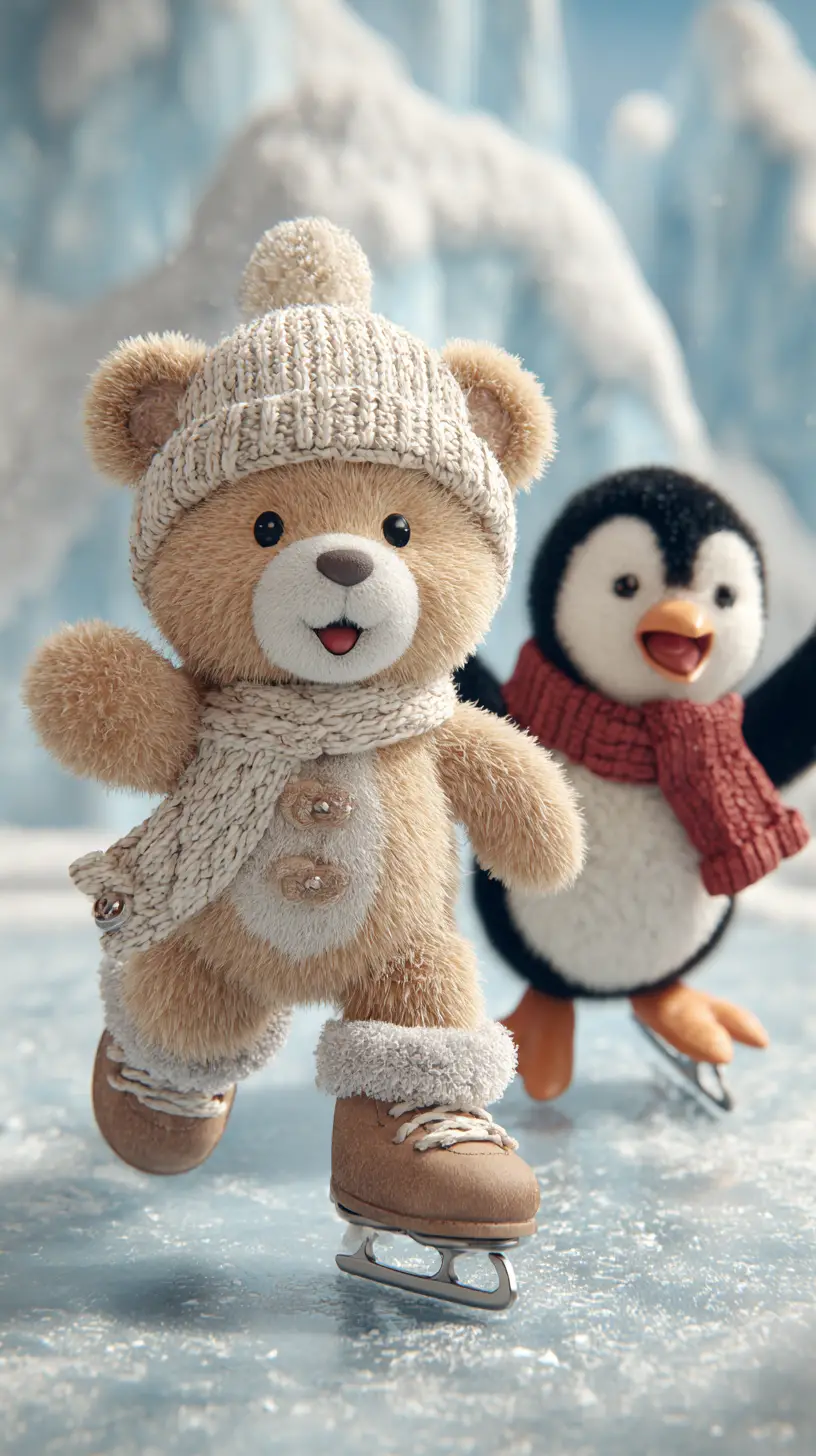Adorable osito de peluche y pingüino patinando sobre hielo en invierno