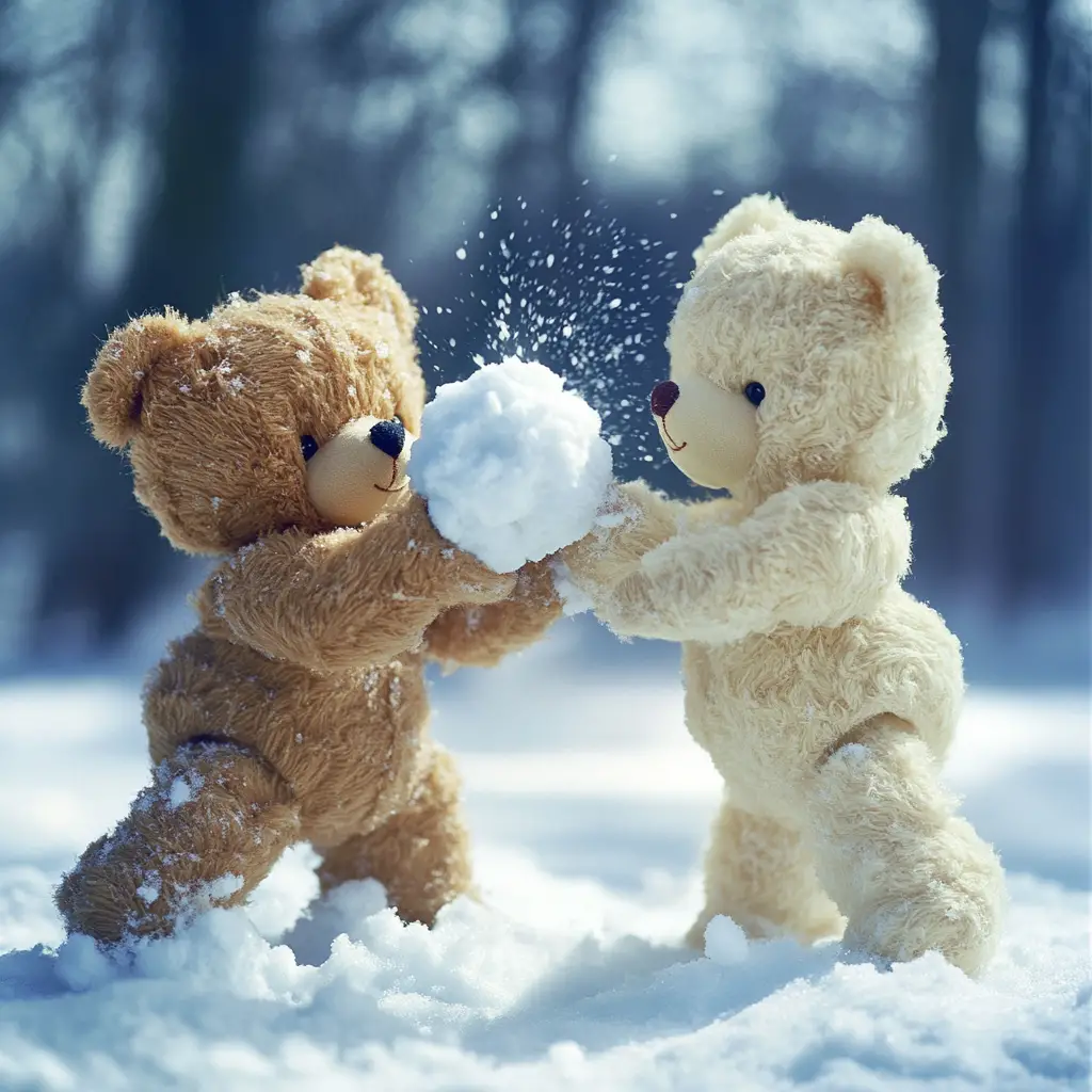 Dos ositos de peluche jugando a una guerra de bolas de nieve en primer plano