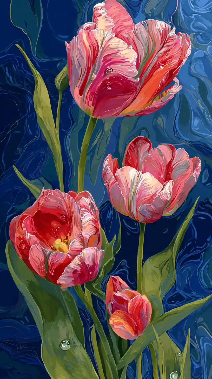 Tulipas vibrantes com gotas de água em fundo abstrato azul profundo