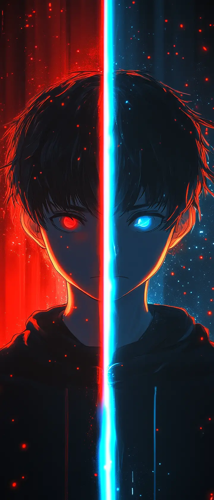 Anime hero between red light and blue aura in conflict