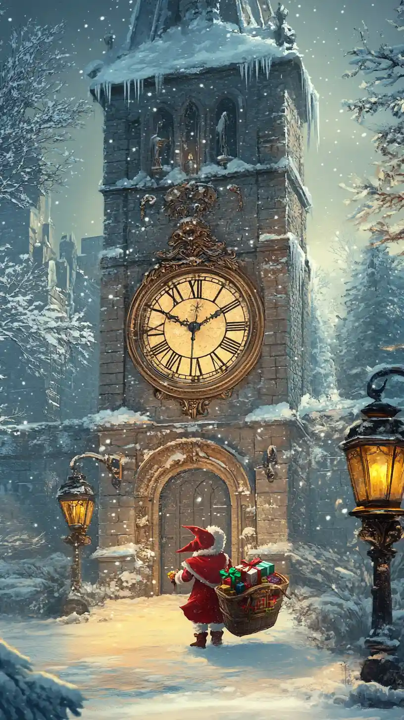 Elfo di Natale accanto a una torre dell’orologio innevata in inverno