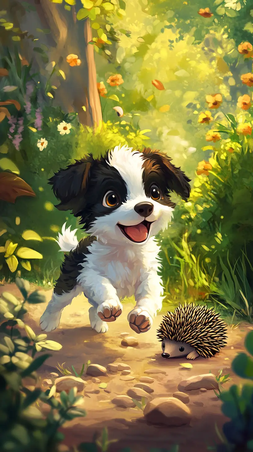 明るい庭でハリネズミと向き合う遊び好きな子犬