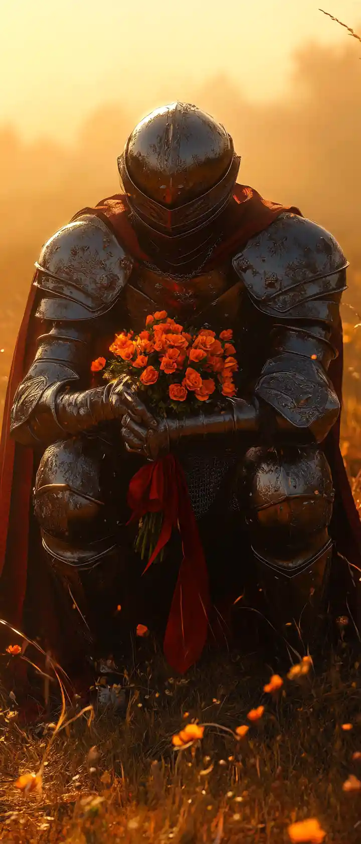 Knight Kneeling With Orange Flowers At Sunset In Field