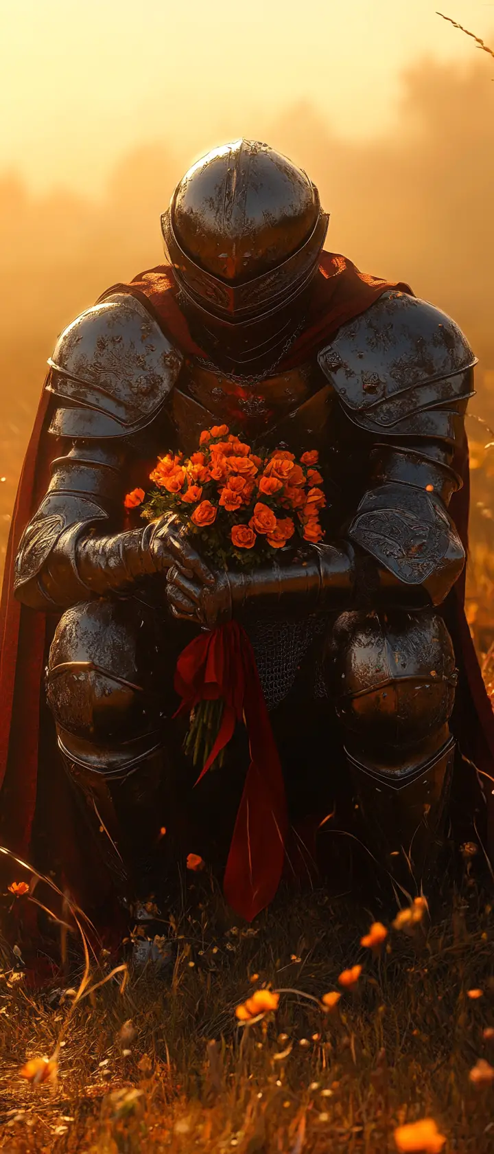 Ritter kniet mit orangefarbenen Blumen im Feld bei Sonnenuntergang