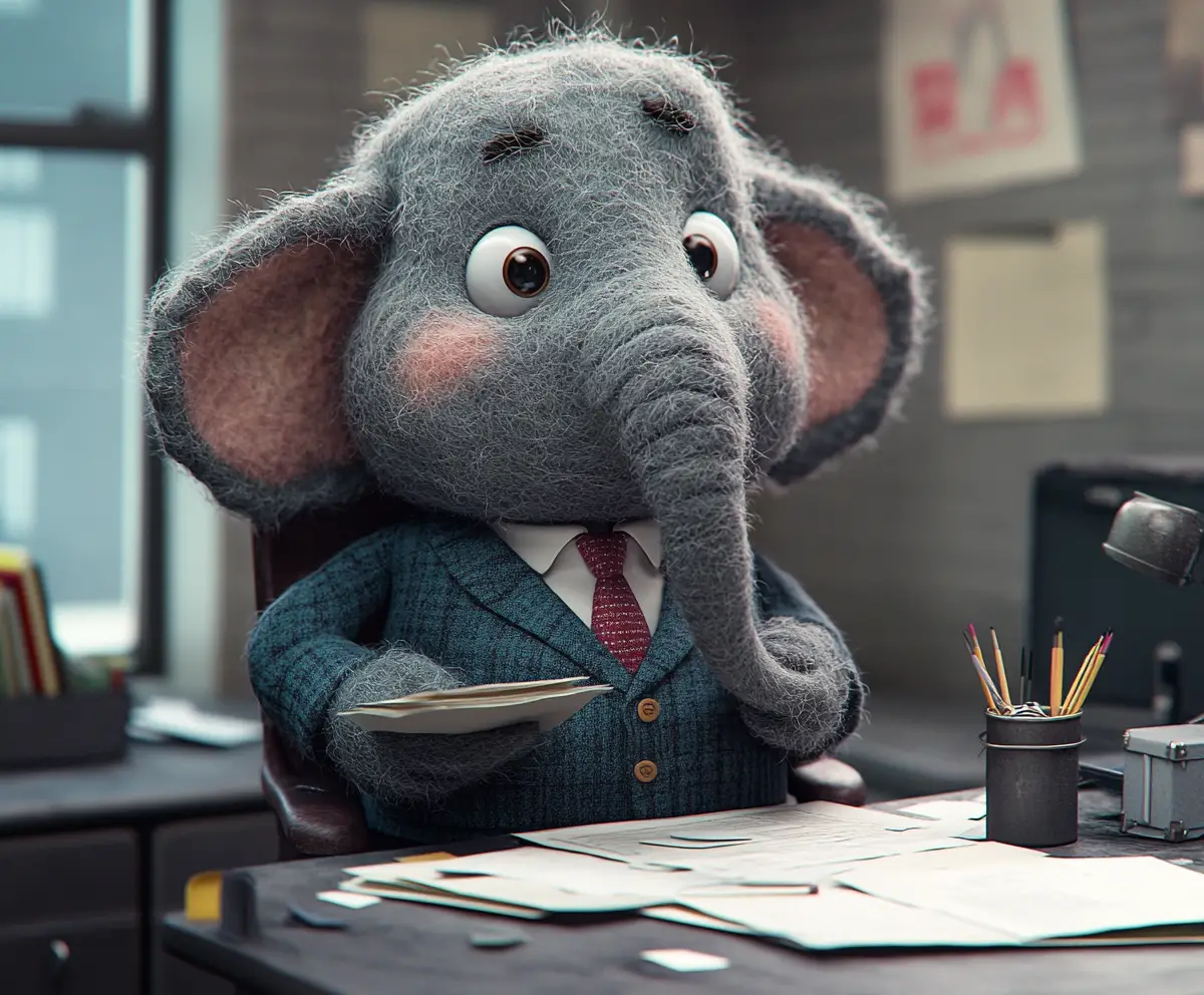 Gefilzter Cartoon-Elefant als Büroangestellter in einem Unternehmenskubikel