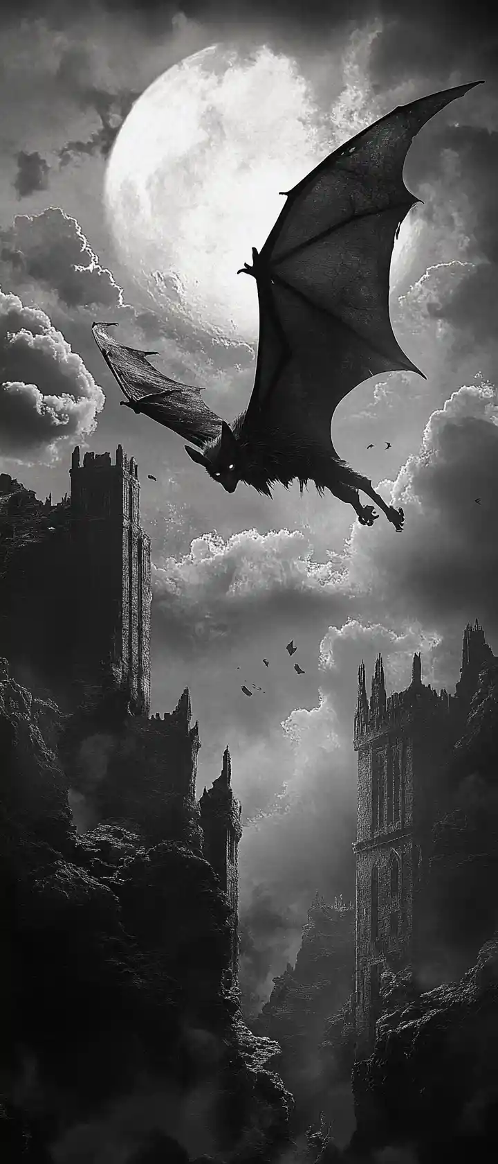 Bat Hovering Over Moonlit Medieval Ruins At Night