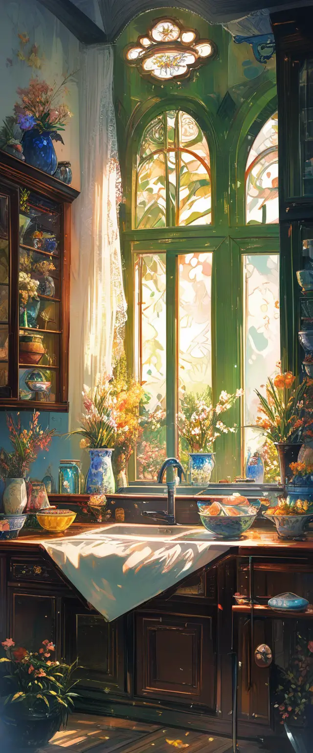 Landhausküche mit Sonnenlicht und Gartenblick