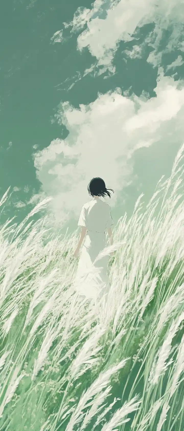 Ragazza anime che cammina tra l’erba alta sotto un cielo verde