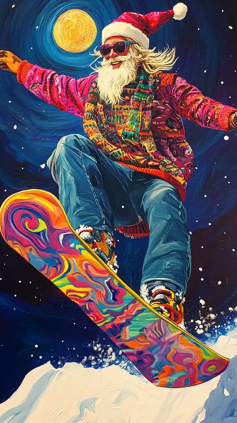 Junger Weihnachtsmann springt mit Neon-Snowboard im Schnee