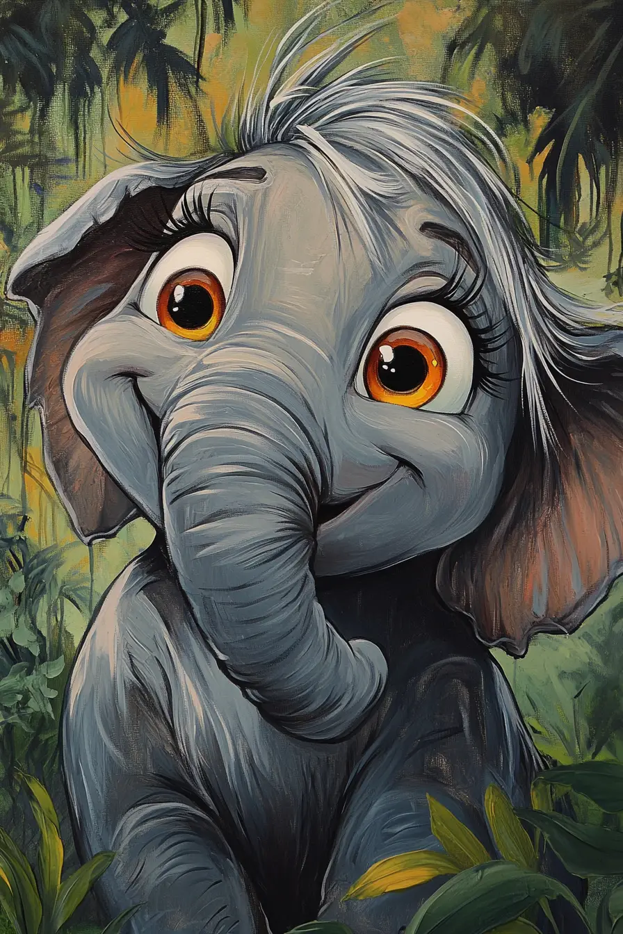 Niedlicher Cartoon-Elefant in einer magischen Neonwald-Szene