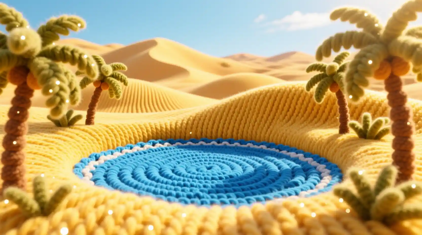Golden yarn desert with blue oasis and wool palm trees