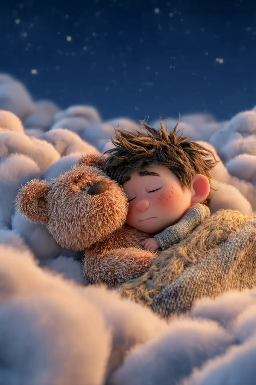 Schläfriges Kind und Teddybär ruhen auf traumhaften Wolken