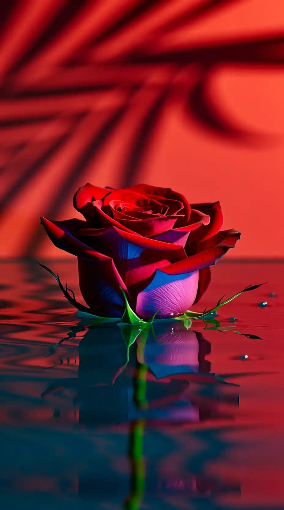 Red rose floating on reflective water with dramatic light