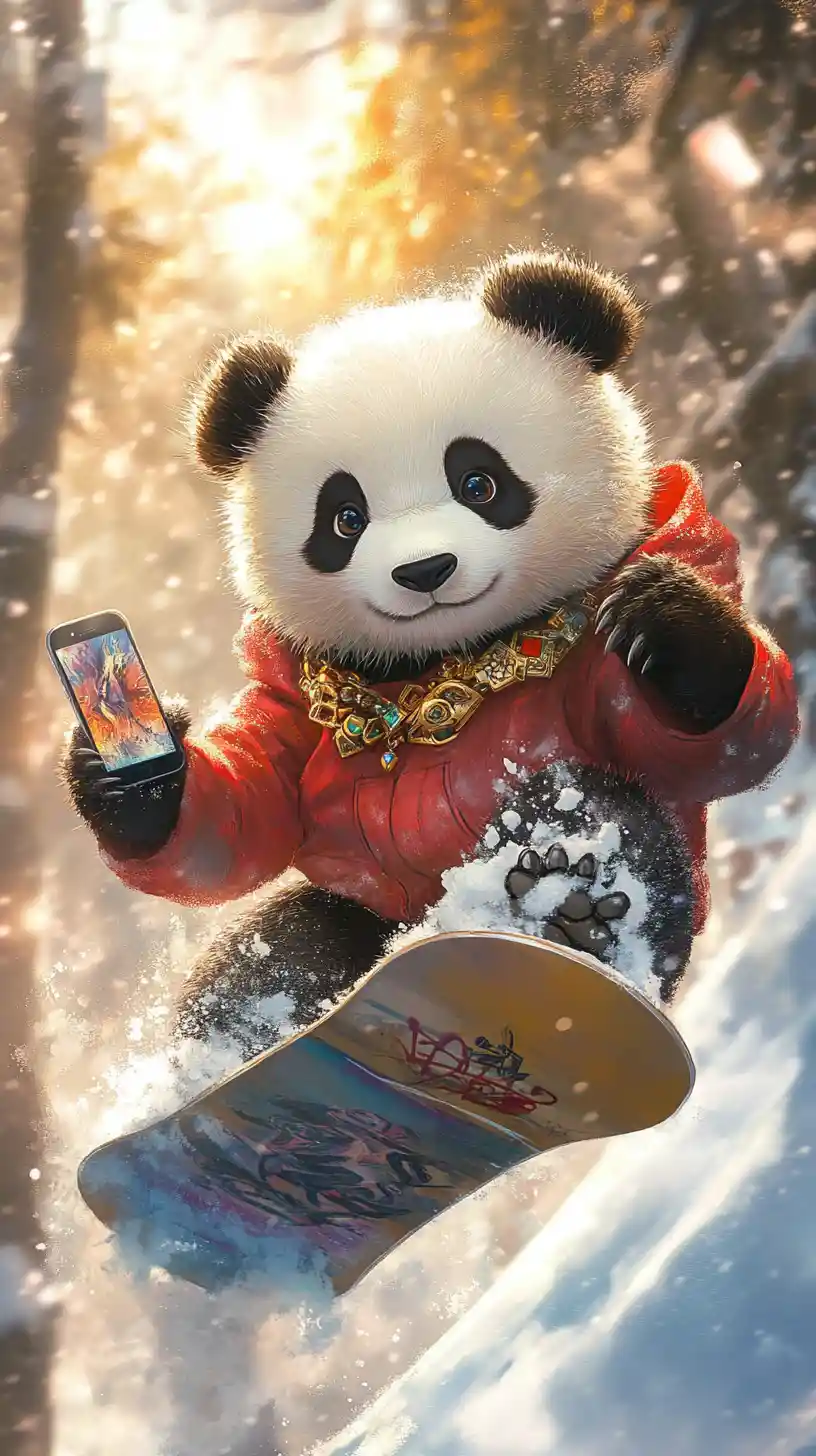 Panda dei cartoni che fa snowboard su un pendio innevato