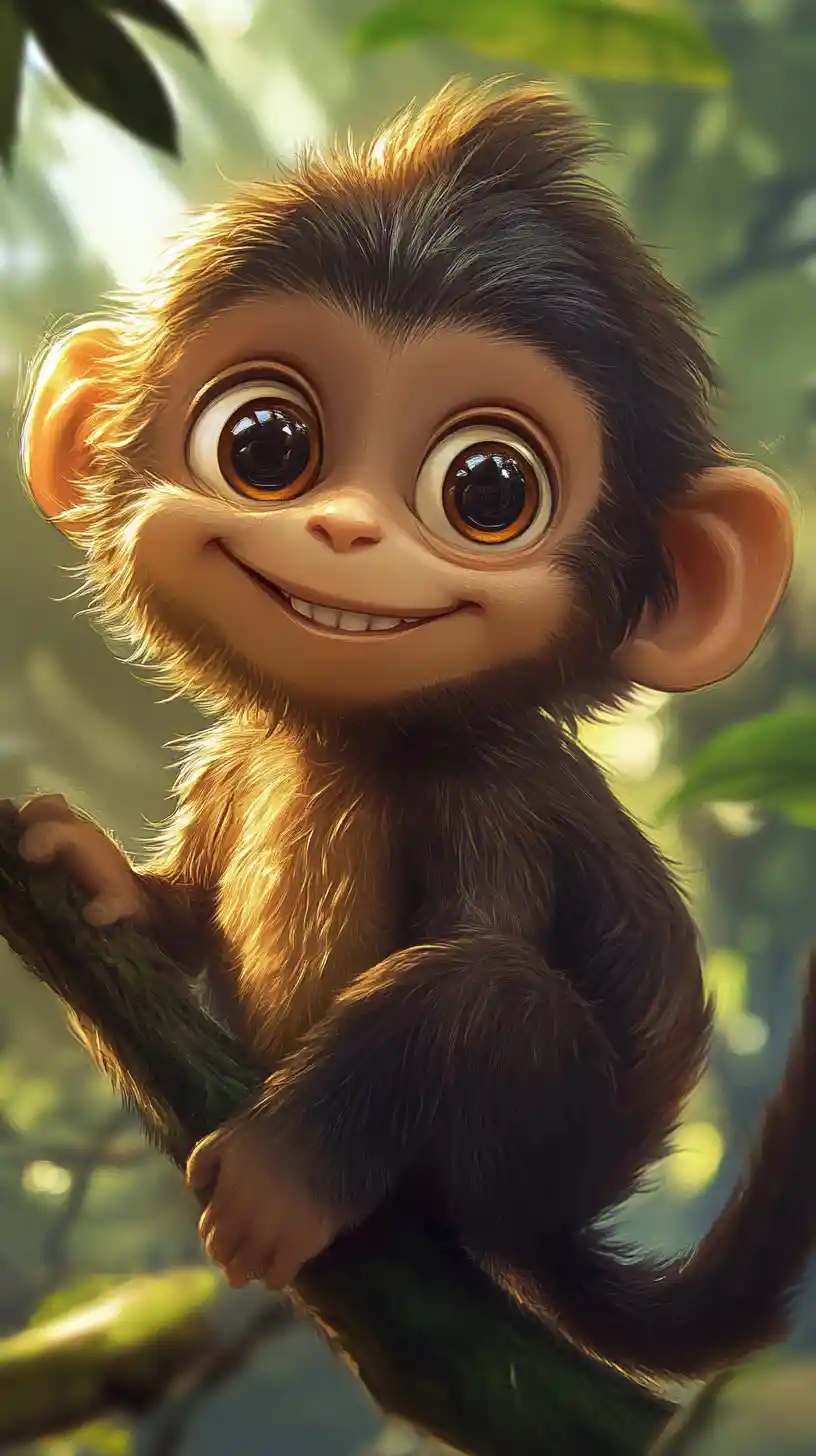 Cute cartoon monkey smiling in a lush jungle illustration