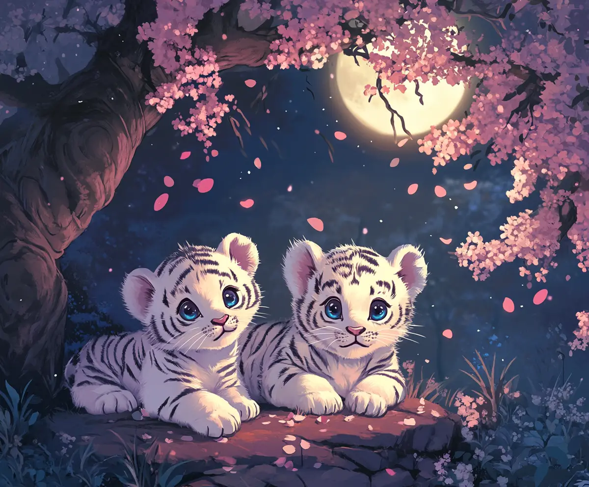 Cuccioli di tigre bianca chibi che giocano sotto i ciliegi in fiore