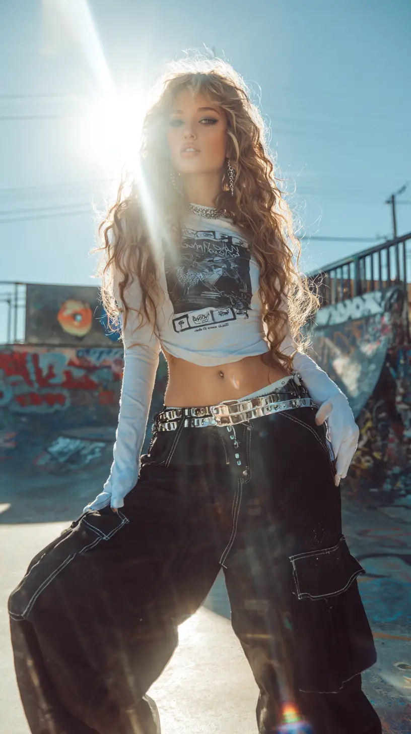 Stylish skater woman in baggy cargo pants at skate park