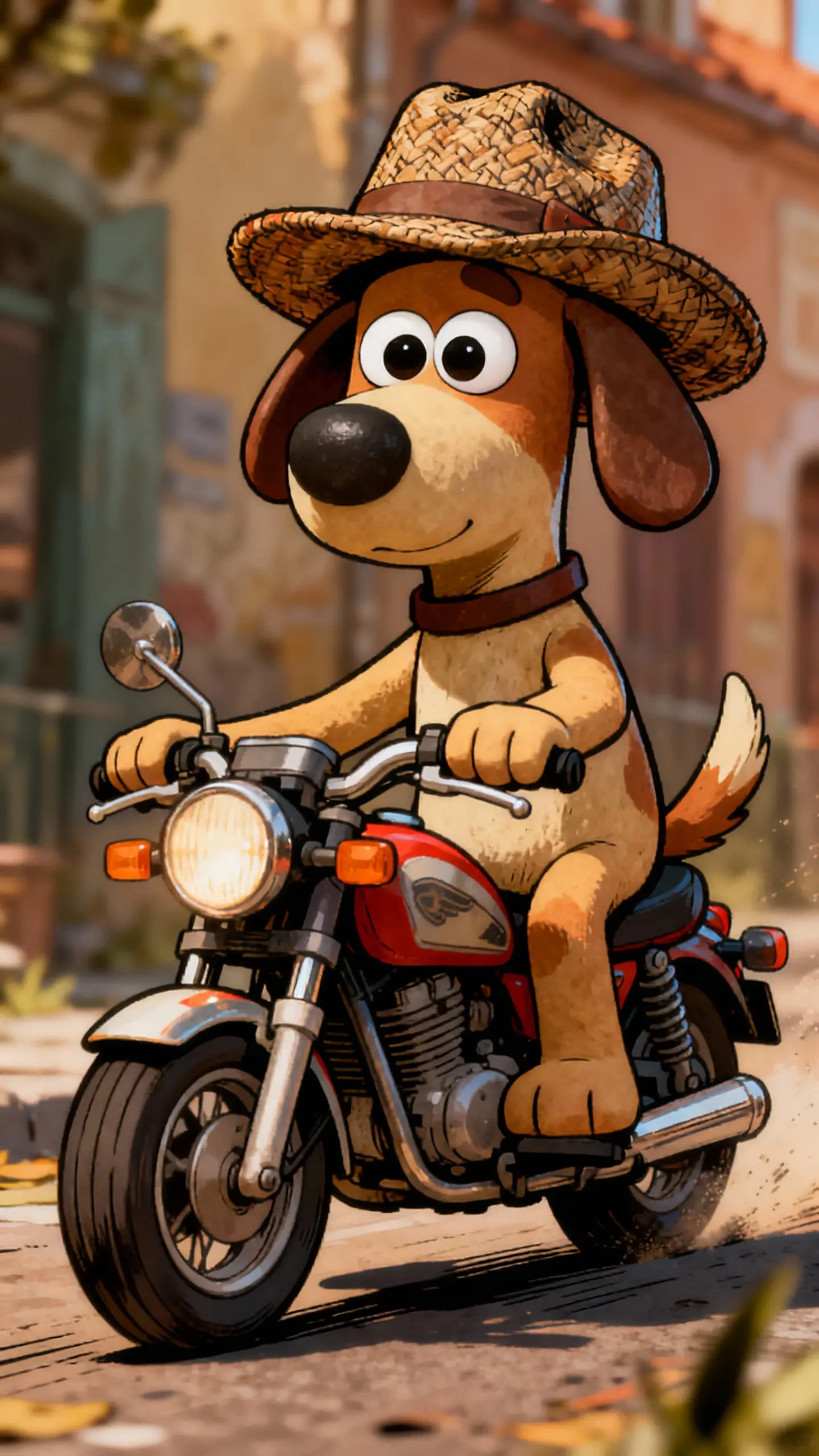 Cane dei cartoni con cappello seduto su una motocicletta