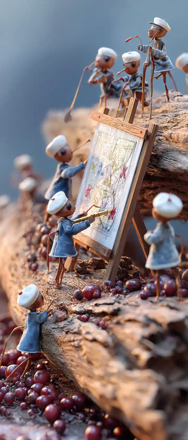 Whimsical ants painting a colorful mural on a log