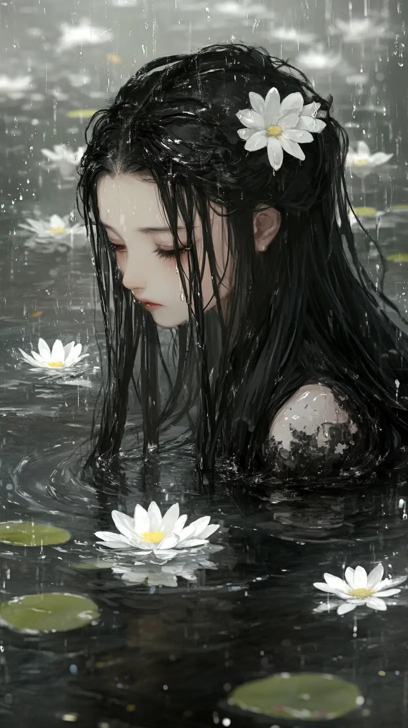 雨中池塘裡站著、身旁有白色雛菊的少女