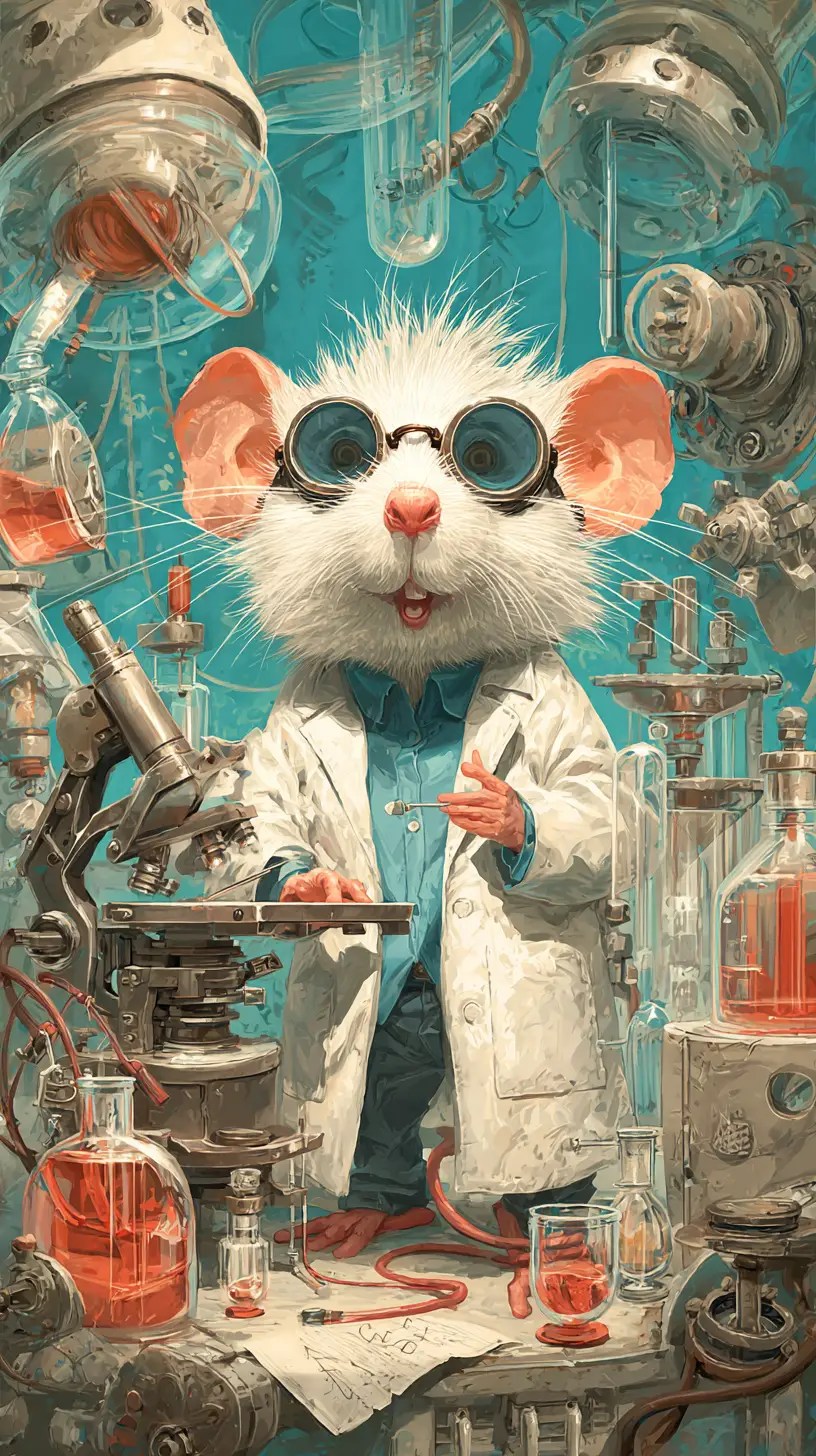 Adorable petite souris blanche scientifique dans un laboratoire animé