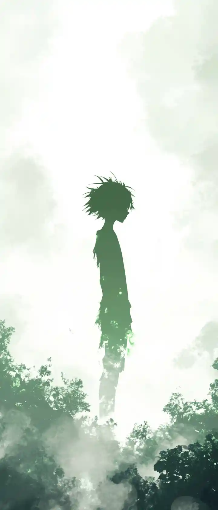 Silhouette anime nella soffice nebbia del mattino con contorni verdi