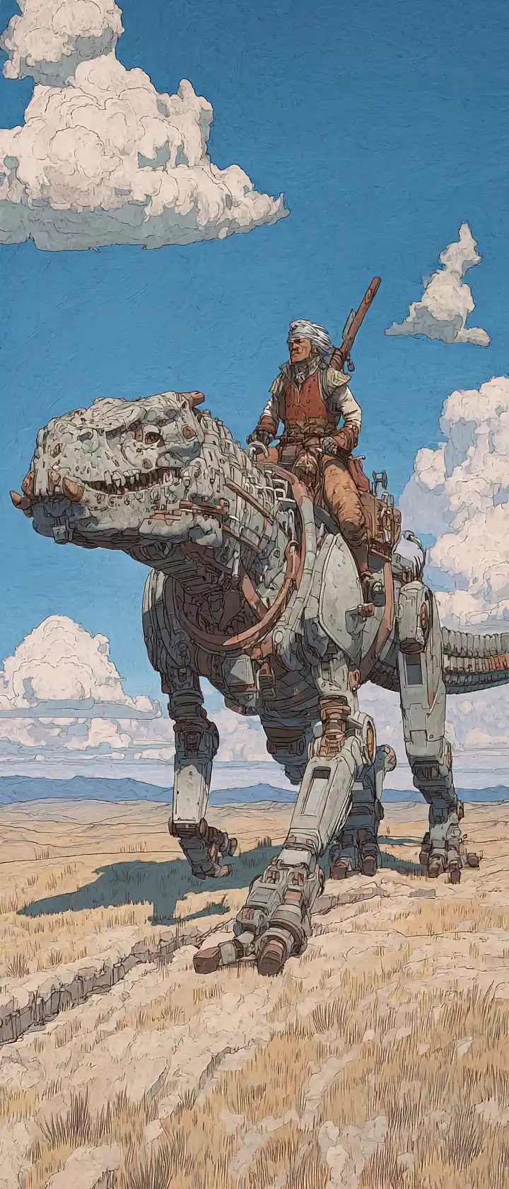 Nomadic warrior riding a mechanical dragon in frozen tundra