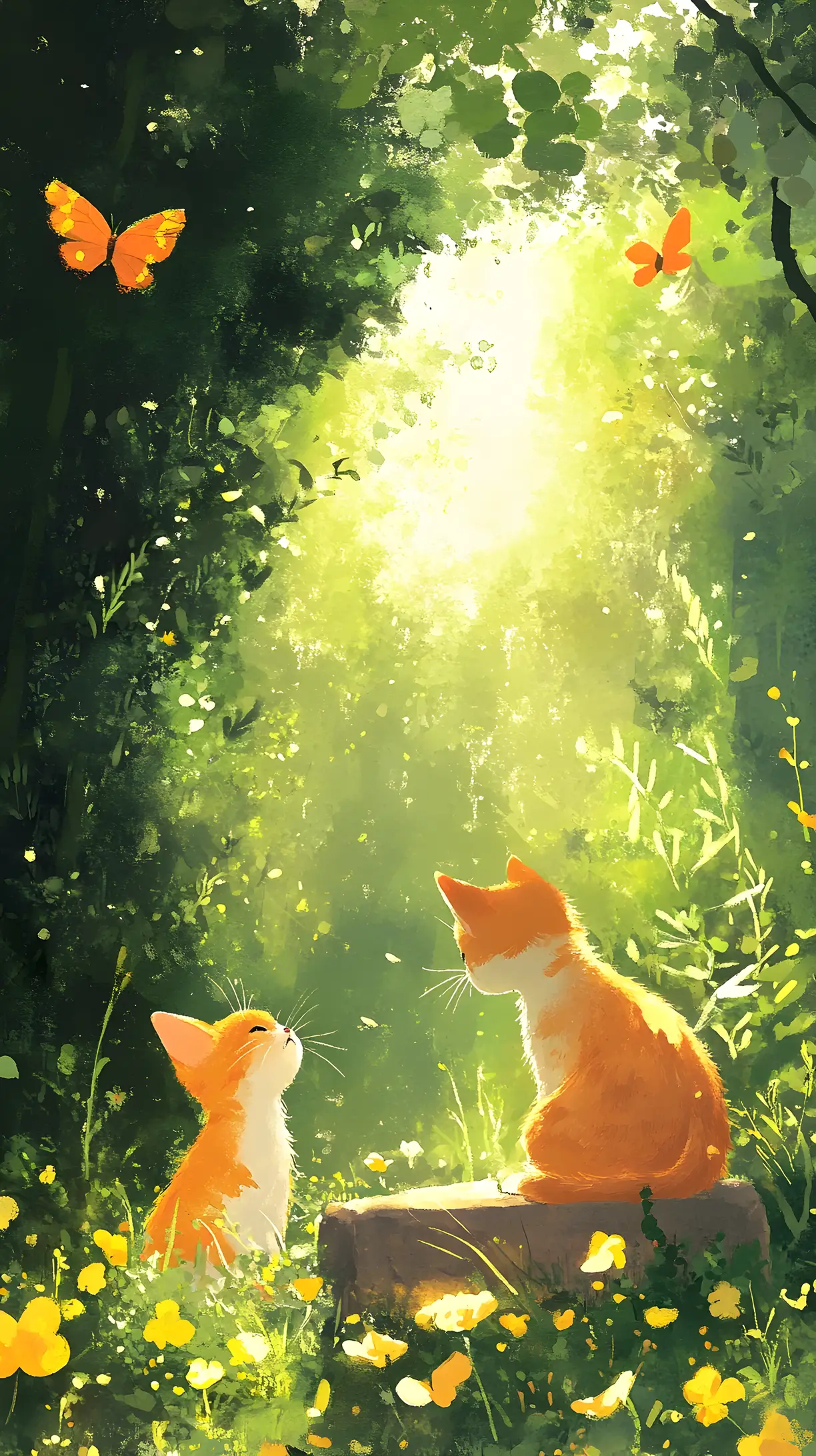 Piccolo gattino arancione in un soleggiato giardino ad acquerello