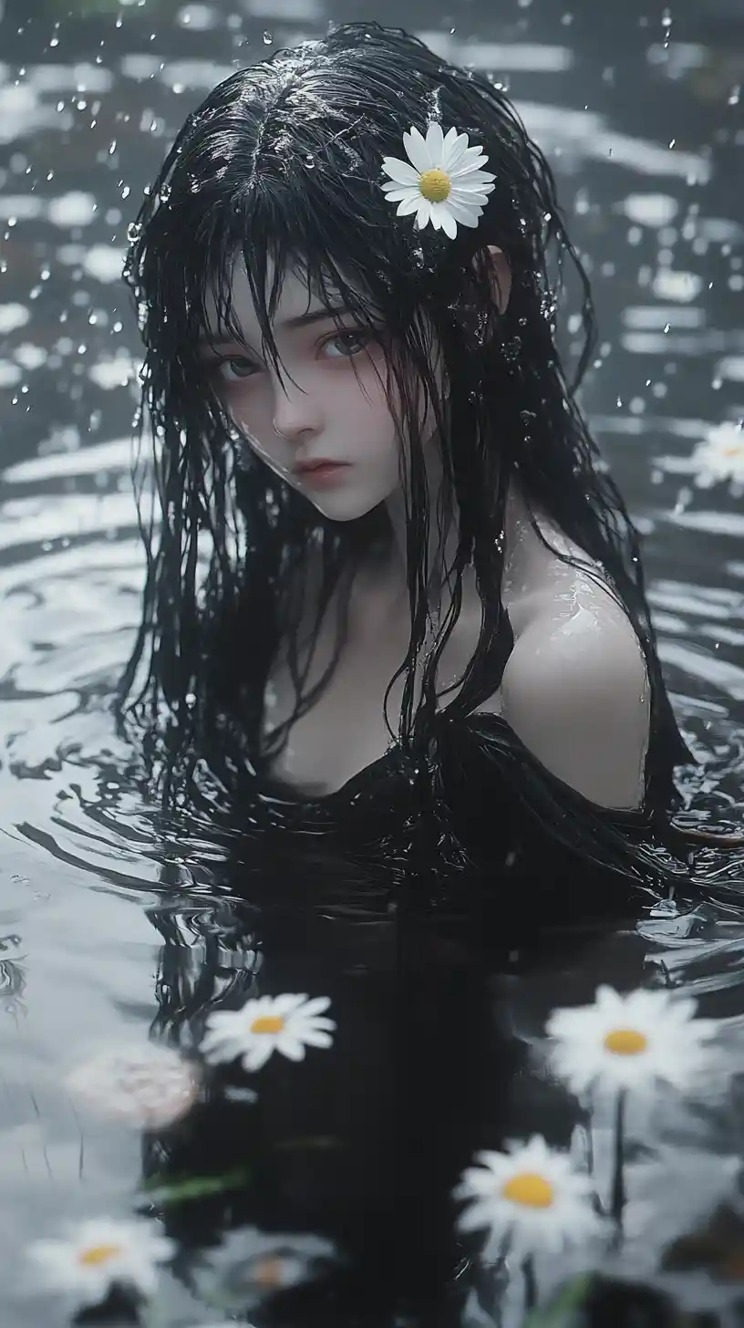 Sad girl standing in a rainy pond with white daisies
