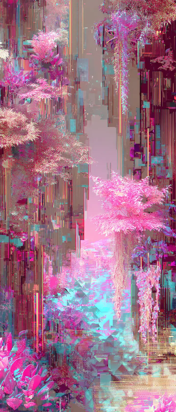 Cyberpunk musician in neon city with glitching lights