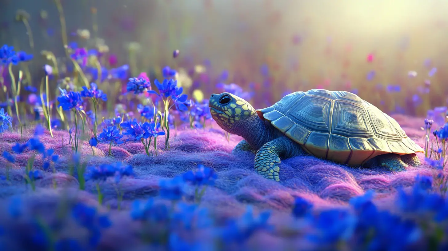 Schildkröte, die in einem blumenbedeckten Feld Wolle webt