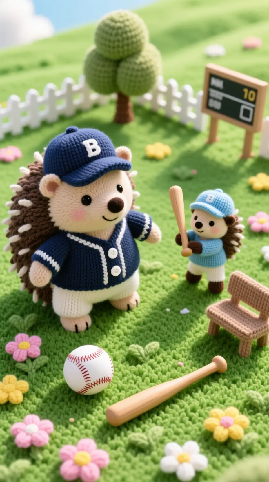 Gestricktes Igel-Baseballspiel auf sonnigem grünen Rasen