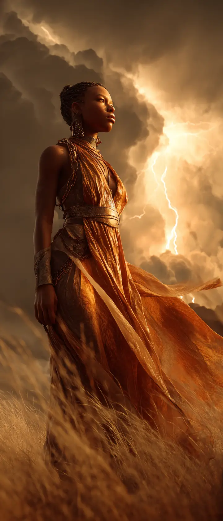 Avatar feminino poderoso controlando uma tempestade na hora dourada