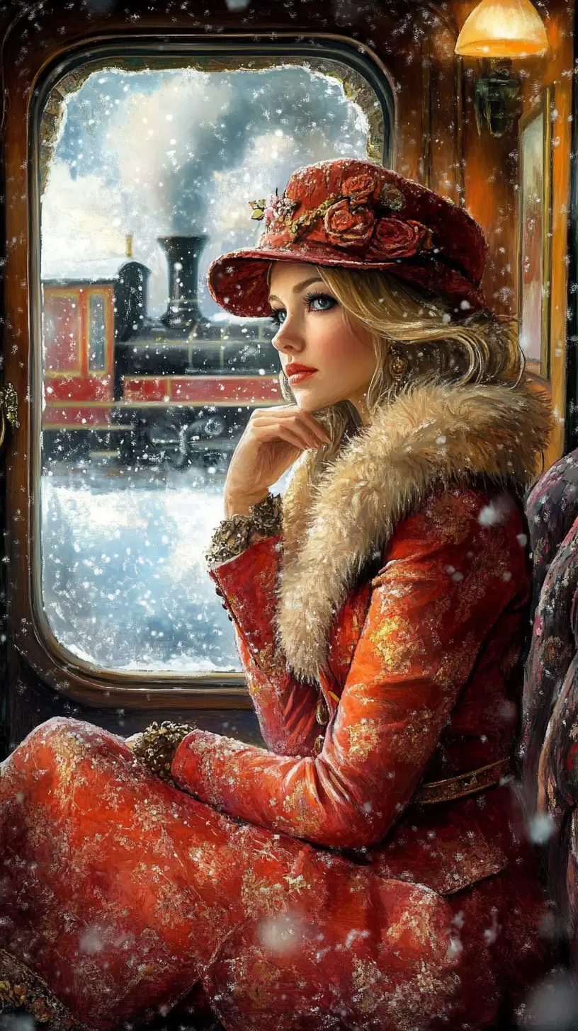 Donna con cappotto rosso su treno d’epoca nella neve invernale