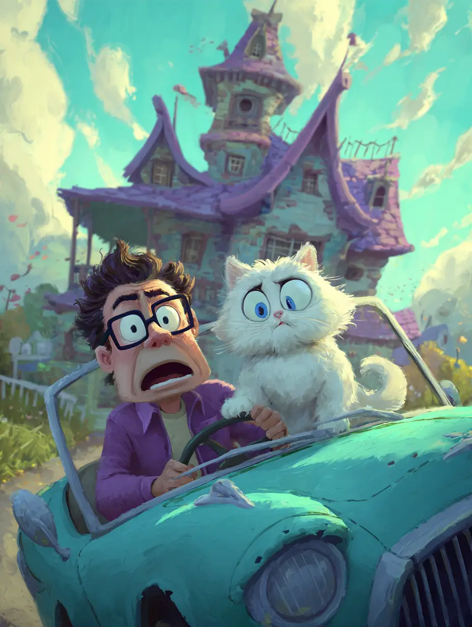 Man and cat arrive at whimsical cat shaped house