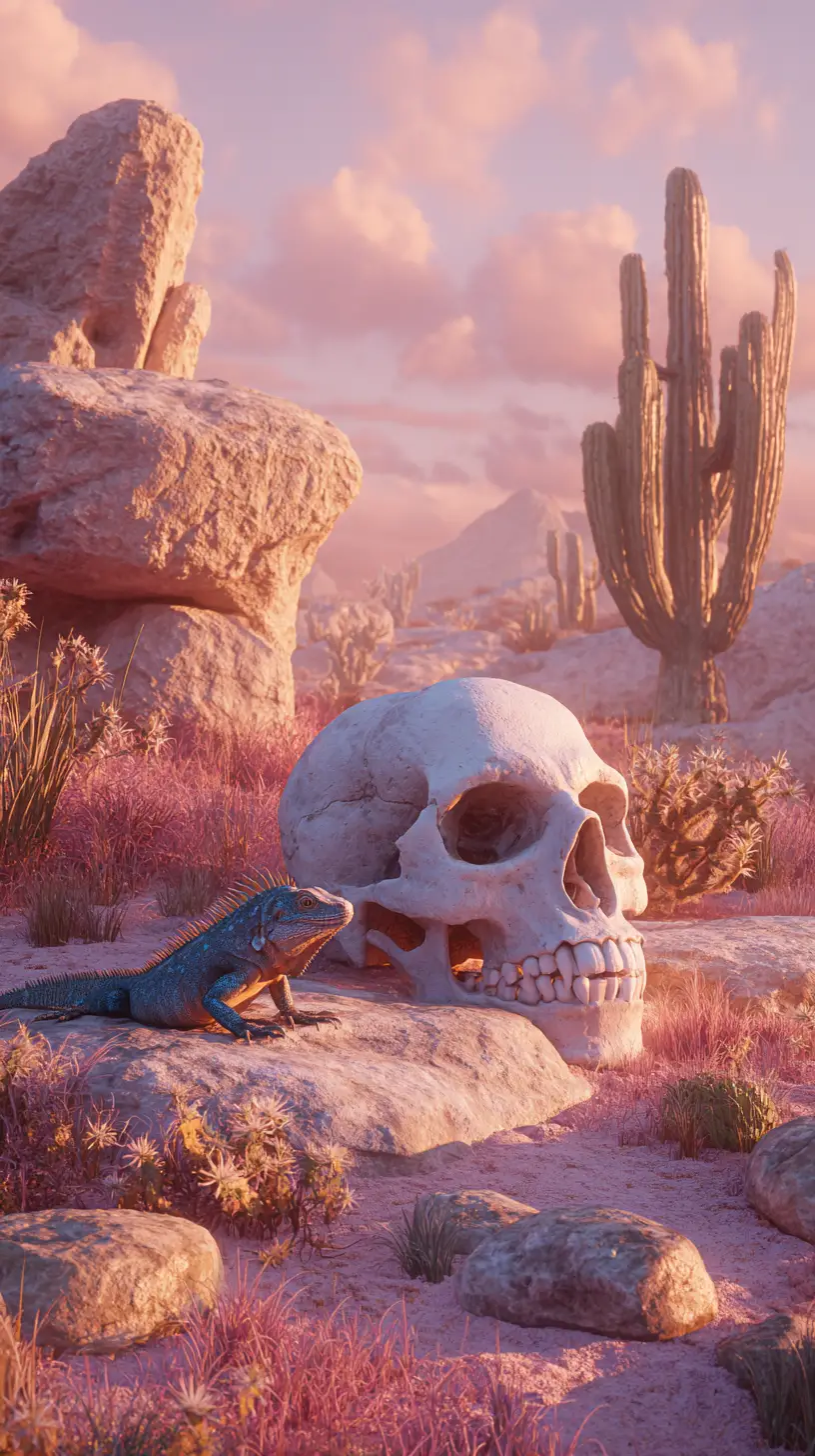 Vampire skull in pink sand desert at sunset