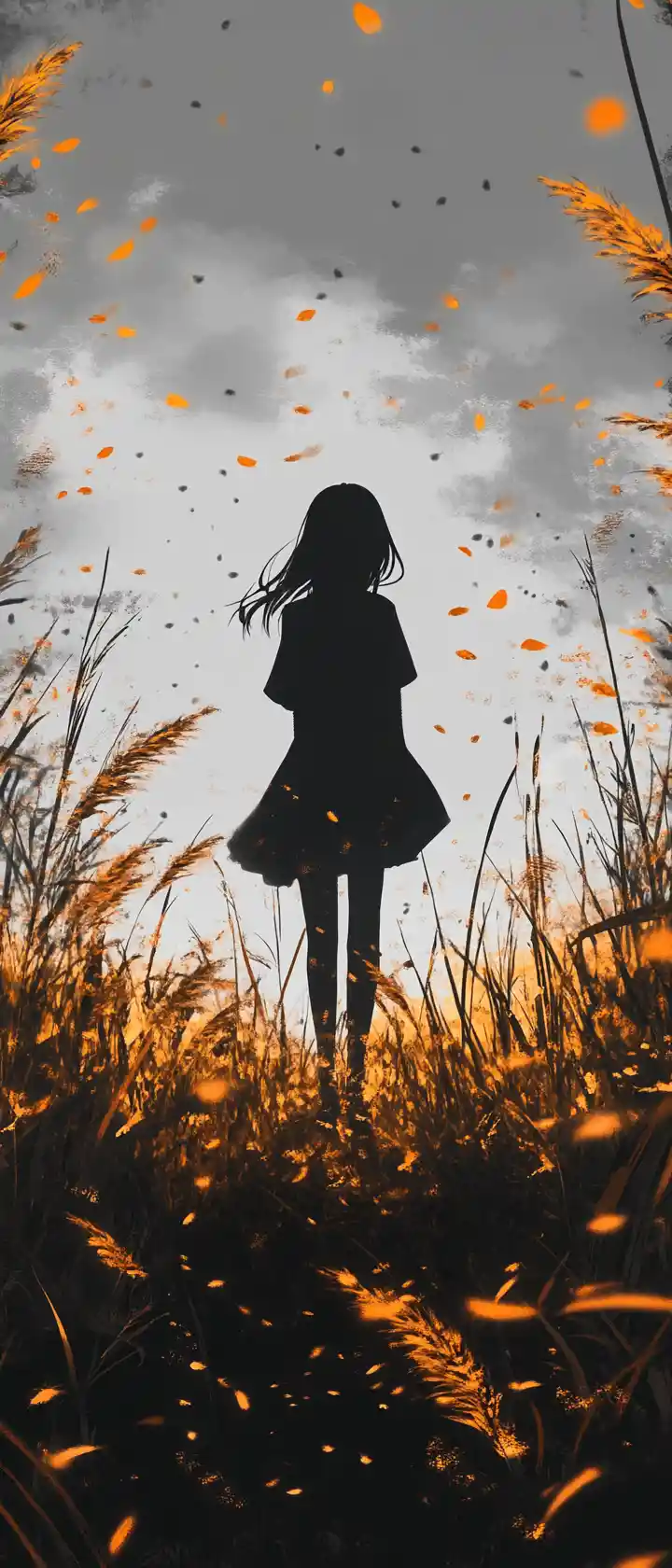 Anime silhouette walking across golden grass under gray sky